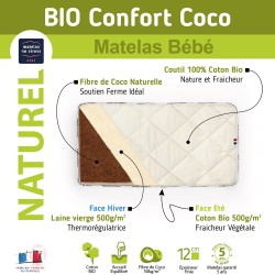 Matelas bébé 60X120 100 % naturel en fibres de coco anti acariens double face de couchage été hiver