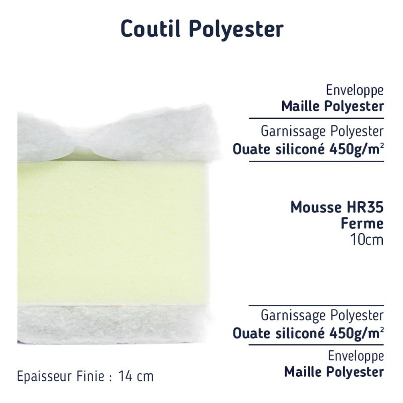 Le plus produit de notre matelas enfant 90x200 pas cher.  La mousse haute résilience, HR 35 kg confort équilibré  La mousse se compose de millions de petites alvéoles autonomes et élastiques.Elles créent le multi soutien : une résistance proportionnelle au poids du corps,  Pour un équilibre idéal. Cette mousse Haute Résilience épouse chacun des mouvements du corps.  La mousse HR 35 kg / m3 permet un Accueil équilibré et un soutien ferme.  Spécificités techniques de ce matelas en mousse.  - Épaisseur du matelas fini : 14 cm.  - Cœur du matelas : 10 cm de mousse haute résilience polyuréthane HR 35 de type Bultex :  Certification de notre fournisseur de mousse (voir le certificat) : Concernant la mousse que nous utilisons.     - Accueil du matelas en mousse : Équilibré.  - Soutien du matelas en mousse : Ferme.  SON ENVELOPPE :  Étudiée pour lui apporter un accueil chaleureux.    Face dessus du matelas : coutil polyester sur 450 grammes de ouatine polyester siliconée  Face dessous du matelas : coutil polyester sur 450 grammes de ouatine polyester siliconée   - Dessin des plateaux : piquage pavé autobloquant.  - Bandeau du matelas : coutil Margaux sur 200 gr de ouatine polyester piquage lignes ondulés.  - Garantie 5 ans.    Une fabrication 100 % Française by Matelas No Stress ® :    Ce matelas 90x200 a été conçu et fabriqué par nos soins, nous vous invitons à découvrir notre société et savoir qui nous sommes.     Emballage : Ce matelas enfant d'entrée de gamme pas cher est emballé par nos soins d'une housse en polyuréthane très résistante. Pour une meilleure protection, le produit est envoyé sous carton.  Livraison :  Livraison gratuite dans toute la France métropolitaine.Voir les conditions de fabrication et livraison  Matelas No Stress ® fait de votre sommeil sa priorité !