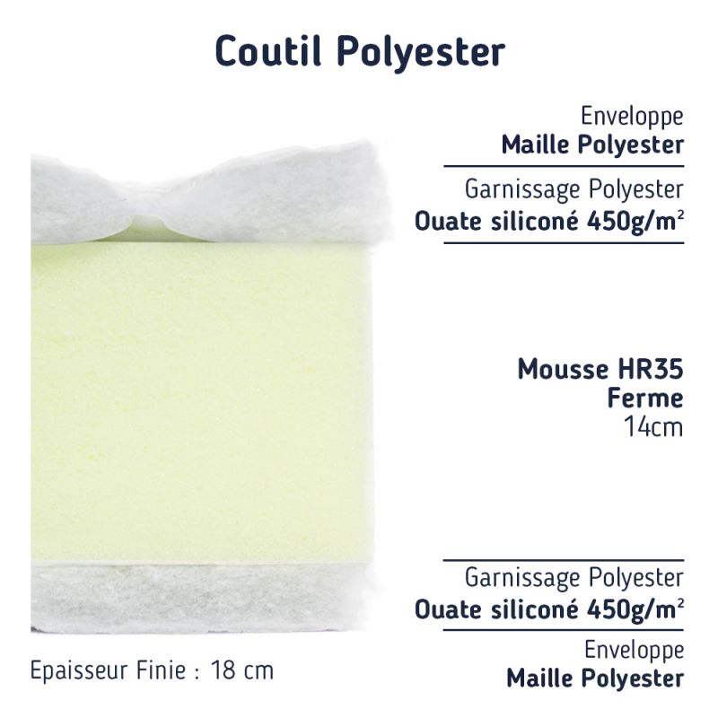 Le plus produit de notre matelas enfant 90x200 haut de gamme:  La mousse haute résilience, HR 35 kg confort équilibré  La mousse se compose de millions de petites alvéoles autonomes et élastiques.Elles créent le multi soutien : une résistance proportionnelle au poids du corps,  Pour un équilibre idéal. Cette mousse Haute Résilience épouse chacun des mouvements du corps.  La mousse HR 35 kg permet un Accueil équilibré et un soutien ferme.  Spécificités techniques de ce matelas enfant 90x200.  - Épaisseur du matelas fini : 18 cm.  - Cœur du matelas : 14 cm de mousse haute résilience polyuréthane HR 35 de type Bultex :  Certification de notre fournisseur de mousse (voir le certificat) : Concernant la mousse que nous utilisons.  - Accueil du matelas : Équilibré.  - Soutien du matelas : Ferme.  - Coutil du matelas : Margaux 100% polyester 210 gr/m2.  SON ENVELOPPE :  Étudiée pour vous apporter un accueil chaleureux.    Face dessus du matelas : coutil polyester sur 450 grammes de ouatine polyester siliconée  Face dessous du matelas : coutil polyester sur 450 grammes de ouatine polyester siliconée   - Dessin des plateaux : piquage pavé autobloquant.  - Bandeau du matelas : coutil Margaux sur 200 gr de ouatine polyester piquage lignes ondulés.    - Garantie 5 ans.    Une fabrication 100 % Française by Matelas No Stress ® :    Ce matelas 90x200 est de fabrication française a été conçu et fabriqué par nos soins dans le nord de la France     Son emballage : Il est emballé par nos soins d'une housse en polyuréthane très résistante. Pour une meilleure protection, le produit est envoyé sous carton.  Livraison :  Livraison gratuite dans toute la France métropolitaine.Voir les conditions de fabrication et livraison  Matelas No Stress ® fait de votre sommeil sa priorité !