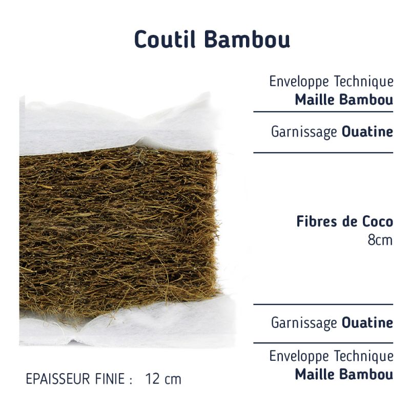 Les plus de notre matelas de bébé 70x140 en fibres de coco Composition du matelas bébé  Habillage maille bambou Garnissage ouate profonde polyester 200g Âme coco 8 cm, densité 70 kg/m3 Epaisseur Finie : 12cm         Son habillage en bambou pour un accueil plus chaleureux  La viscose de bambou est une fibre obtenue par transformation de la cellulose du bambou. Un habillage d'une douceur exceptionnelle, qui apporte une indéniable sensation de bien-être. Face dessus et dessous revêtu d'un tissu en maille bambou souple et doux au touché, garni d'une ouate en polyester de 200 grammes, pour un accueil chaleureux. Le bambou est une fibre tempérée. D'origine végétale, il garde le frais en été et le chaud en hiver.     Coeur du matelas en fibres de coco  L'âme de notre matelas 70x140 en fibres de coco, une matière 100% naturel en production écologique, la fibres de coco est tenue en suspension, soudée au latex naturel à son état liquide. (découvrir) La fibre de coco une matière 100% naturelle. Son âme donne un soutien ferme, idéal pour le soutien du corps de bébé. Le latex utilisé pour souder les fibres de coco, est la défense naturelle de l'hévéa dans son milieu tropical, il le protège des organismes et insectes, champignons, bactéries. Sans aucune transformation, le latex garde toutes ses qualités protectrices pour que bébé dorme en toute sécurité.          Informations Pratiques Ce matelas bébé est de fabrication 100% française : Conçu et réalisé par Matelas No Stress ®. Son emballage : Ce matelas bébé fibres de coco, est emballé par nos soins, et livré dans une housse en polyuréthane à base de plastique recyclé très résistante. Pour une meilleure protection, notre matelas en coco est expédié non roulé dans un carton, lui aussi fabriqué à base d'anciens cartons recyclés, un plus pour l'environnement. Livraison GRATUITE. Voir nos délais de fabrication et livraison ici.