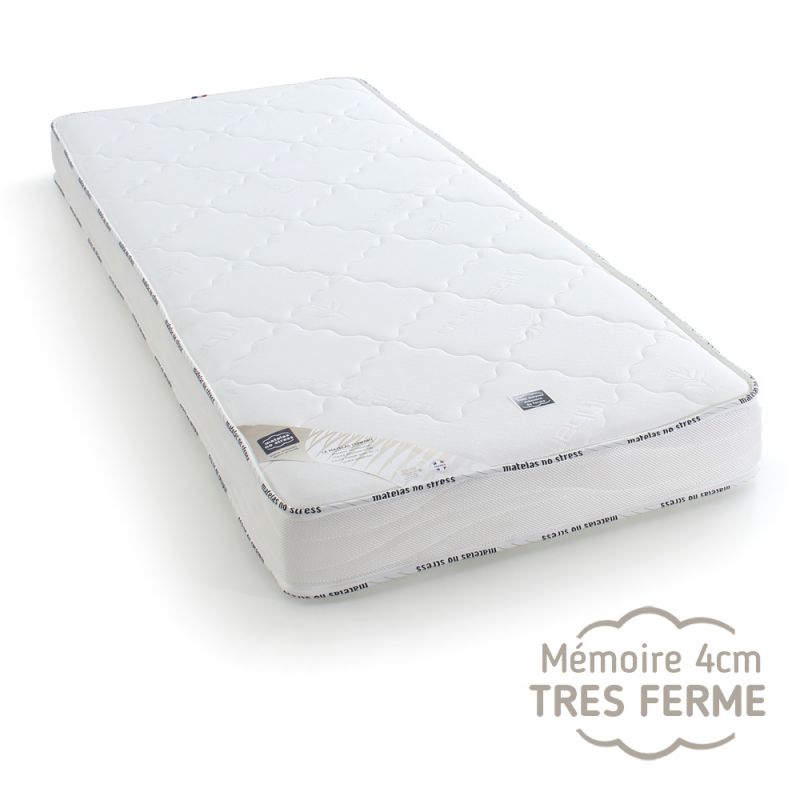 Le plus produit du matelas en mousse à mémoire de forme accueil enveloppant soutien très ferme.     Un concept de deux technologies,  1) La mousse à mémoire de forme de 4 cm pour une densité de 50 kg/M3:  La mousse à mémoire de forme est constituée de fibres viscoélastiques aérées. En s'imprégnant de la chaleur du corps il en épouse toutes les parties: les creux liés aux diverses forme du corps s'estompent et il diminue les point de compression, assurant ainsi un meilleur maintient et facilitant la circulation sanguine.  -Les avantages de la mousse à mémoire de forme (à découvrir)  2) La mousse haute résilience épaisseur 10 cm pour une densité de 50kg / M3 .    La mousse se compose de millions de petites alvéoles autonomes et élastiques.Elles créent le multi soutien : une résistance proportionnelle au poids du corps,  Pour un équilibre idéal. Cette mousse Haute Résilience épouse chacun des mouvements du corps.  Mousse de grande qualité ne s'affaissant pas dans le temps.      Spécificités techniques du matelas en mousse à mémoire de forme:  - Épaisseur du matelas fini : 17 cm.  - Cœur du matelas : 10 cm Mousse hr 50 haute résilience très ferme.  - Apport mousse à mémoire de forme : 4 cm densité 50 kg / m3.  Voir la certification de nos matières utilisées dans la confection de votre matelas: cliquez ici  Certification de notre fournisseur de mousse (voir le certificat) : Concernant la mousse que nous utilisons.     - Accueil du matelas : Enveloppant  - Soutien du matelas : Très ferme.  son coutil :   Face de dessus avec la mousse mémoire. Le coutil de ce matelas mousse à mémoire de forme est en viscose de Bambou : La viscose de bambou est une fibre obtenue par transformation de la cellulose du bambou. Sa housse est d'une douceur exceptionnelle. Solution idéale pour les personnes sensibles aux allergies, il apporte une indéniable sensation de bien-être en plus.  La viscose de bambou garde au frais pendant l'été et bien au chaud en hiver et absorbe l'humidité 3 fois plus que le coton.  -Face de dessous: coutil en polyester nappé de 10 mm de mousse et 400 gr de ouatine.  Voir les certificats de nos matières composants le matelas: cliquez ici    Une fabrication 100 % Française by Matelas No Stress ® :    Ce matelas en mousse mémoire de forme très ferme a été conçu et fabriqué par nos soins, nous vous invitons à découvrir notre société et savoir qui nous sommes.     Son emballage : Il est emballé par nos soins d'une housse en polyuréthane très résistante. Pour une meilleure protection, le produit est envoyé sous carton.  Livraison : Livraison gratuite dans toute la France métropolitaine. Voir les conditions de fabrication et livraison.  Matelas No Stress ® fait de votre sommeil sa priorité !